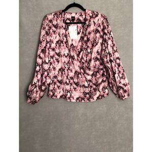 BOSS Long Sleeve Faux Wrap Top V-Neck Abstract Print Women's Medium
